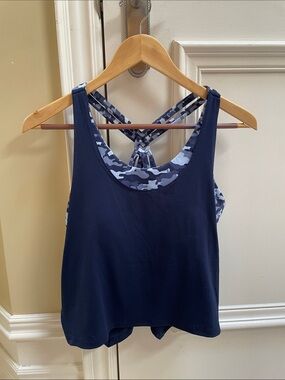 FABLETICS Navy Blue Workout Tank with Camo Strappy Back and Built-in-Bra